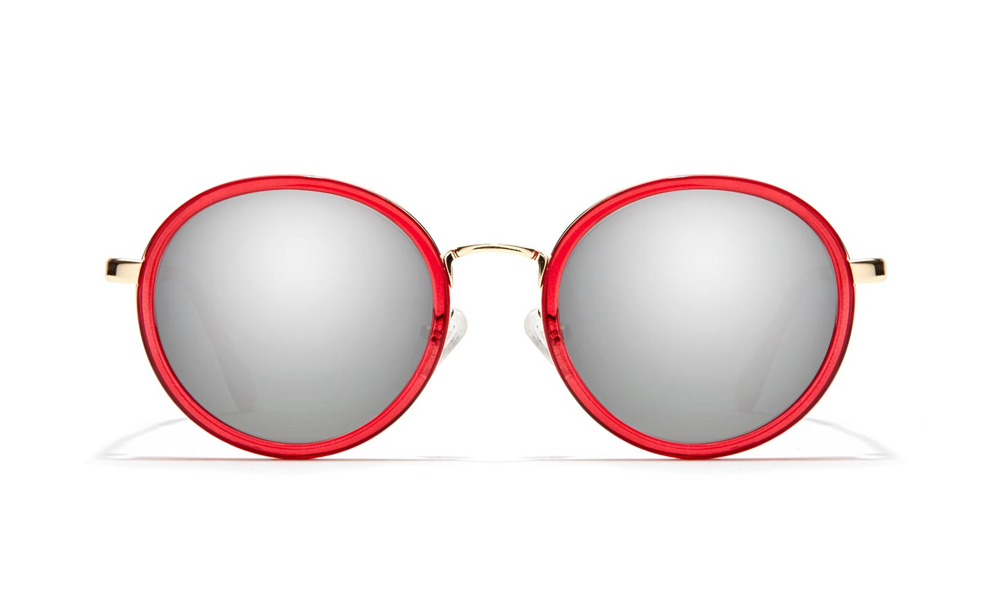 Red round sunglasses with mirrored lenses and gold accents on the temples and bridge.