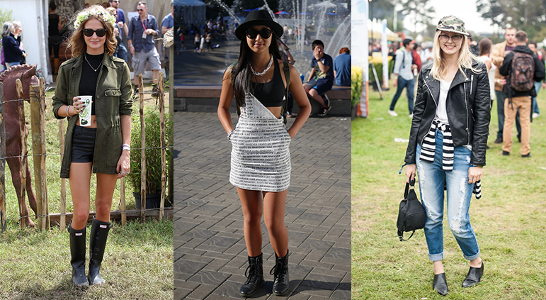 Three women in festival-style outfits: a green jacket with boots, a white dress with black shoes, and a leather jacket with striped shirt and jeans.
