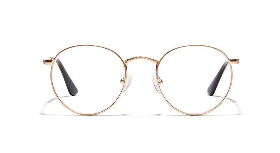 Gold round eyeglasses with clear lenses and black temple tips.