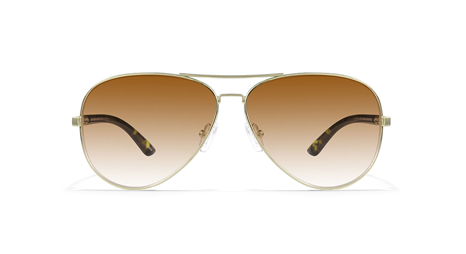 Gold aviator sunglasses with brown gradient lenses, thin metal frame, and tortoise-shell temple tips.