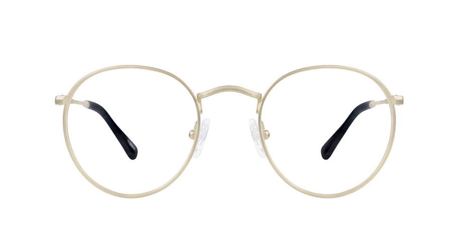 Round gold eyeglasses with black temple tips and adjustable nose pads.