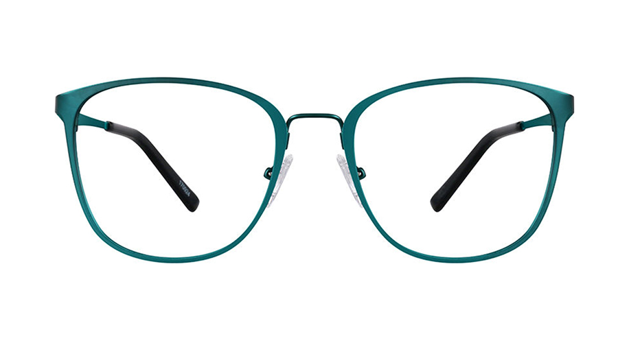 Teal metal eyeglass frames with black temple tips and clear nose pads.
