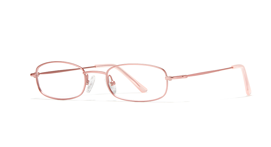 Pink metal frame eyeglasses with rectangular lenses and adjustable nose pads.