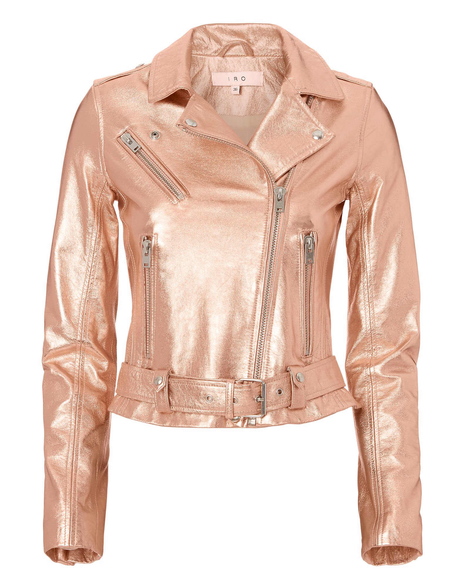 Metallic rose gold biker jacket with front zippers, shoulder lapels, and a buckled waistband. Brand: IRO.