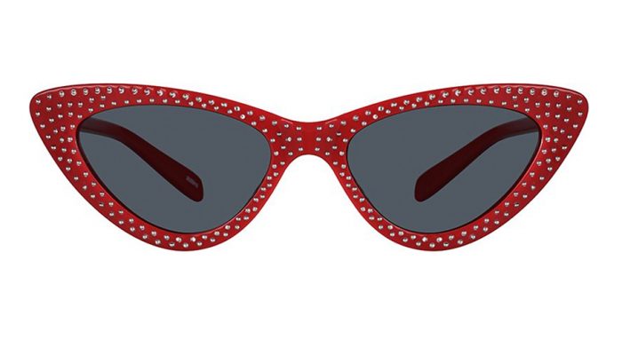Red cat-eye sunglasses with silver rhinestones along the edges and dark lenses.