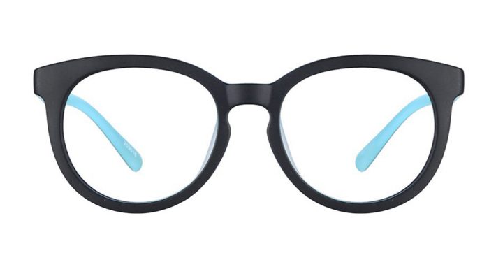 Black round eyeglasses with light blue inner arms.