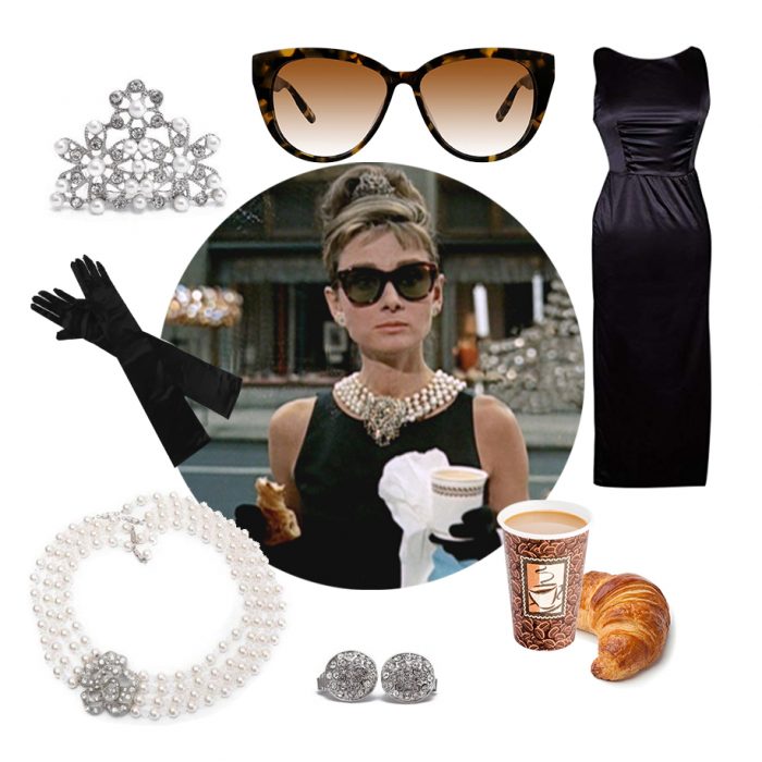 Black dress, black gloves, tortoiseshell sunglasses, pearl necklace, tiara, coffee cup, and croissant.