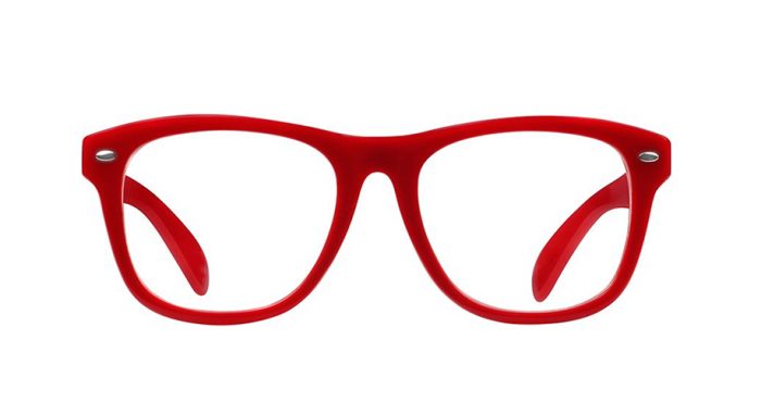 Red-framed eyeglasses with clear lenses.