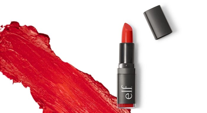 e.l.f. red lipstick with black cap, next to a red lipstick smear.