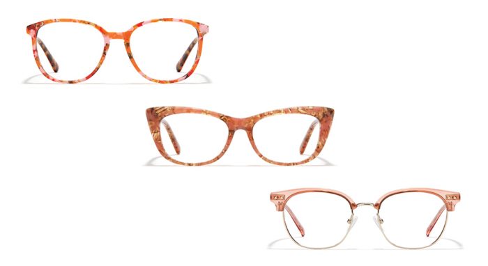 Colorful eyeglasses with three different frame styles displayed on a white background.
