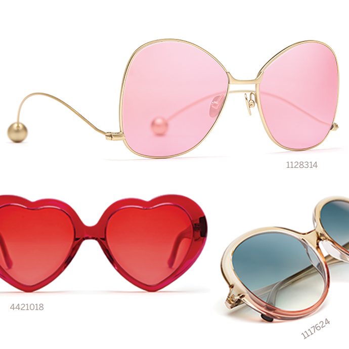 Three styles of sunglasses: gold frame with pink lenses (1128314), red heart-shaped (4421018), and gold frame with blue lenses (1117624).