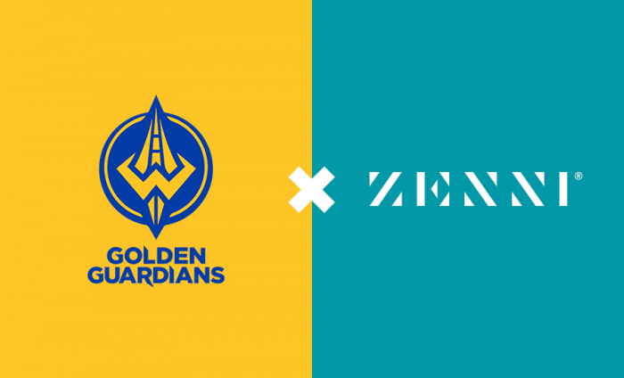 Golden Guardians logo and text on a yellow background. Zenni logo and text on a teal background.