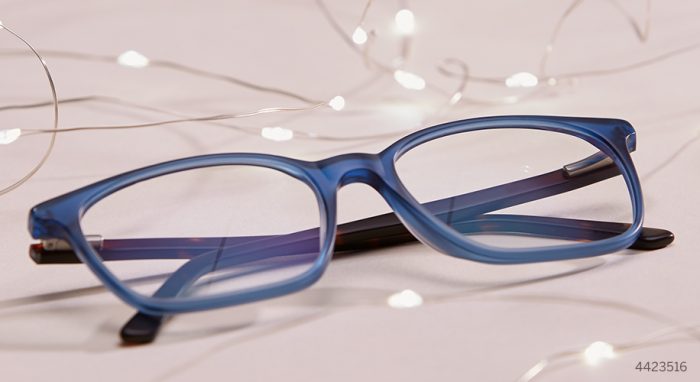 Blue eyeglasses with clear lenses and dark temples. Number 4423516 in bottom right corner.