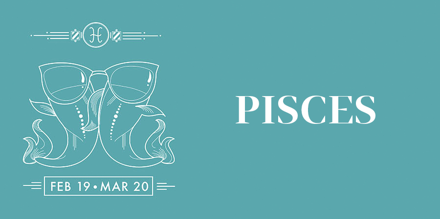 PISCES. Two fish facing opposite directions. Feb 19 - Mar 20. Circle with Pisces symbol above the fish.