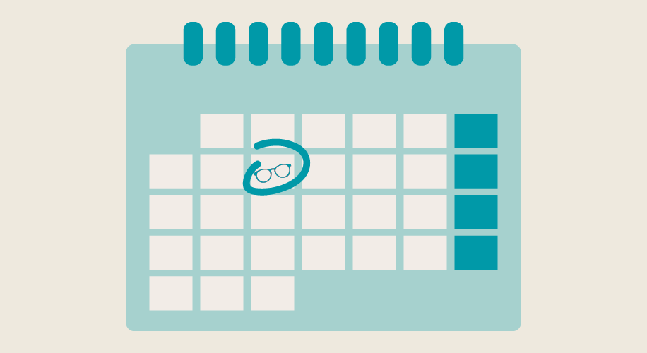 Flat calendar icon with glasses circled in blue on a date.