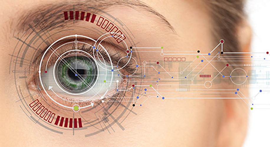 Human eye with futuristic digital interface featuring circular diagrams and colorful data points.