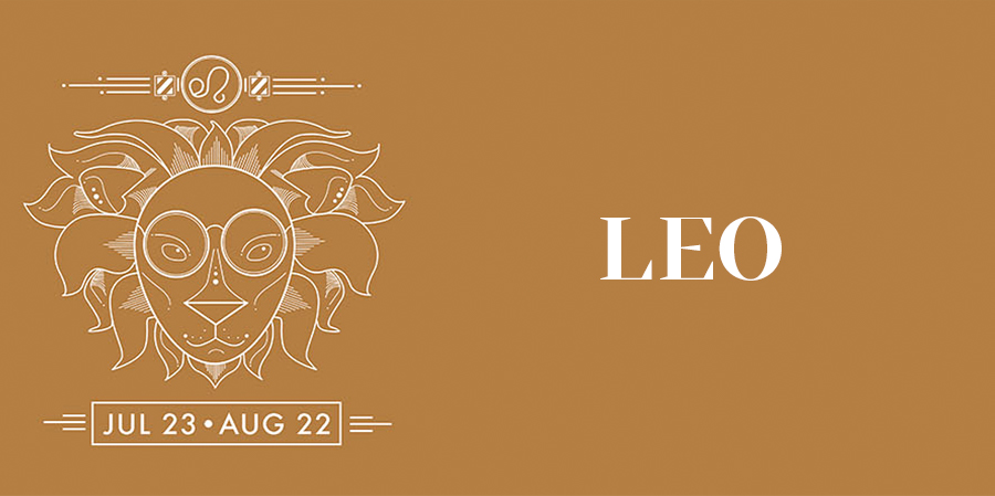Zodiac sign Leo, symbolized by a lion with glasses. Text: JUL 23 - AUG 22 and LEO.