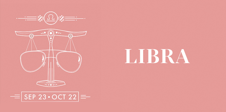 Libra zodiac sign with scales icon and dates Sep 23-Oct 22 on a pink background.