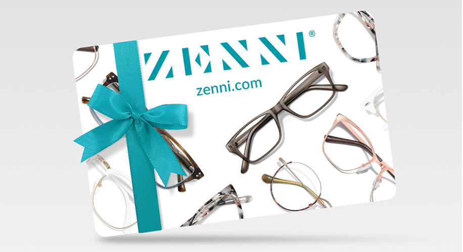 Zenni gift card with teal ribbon, zeenni.com, and various eyeglasses in the background.