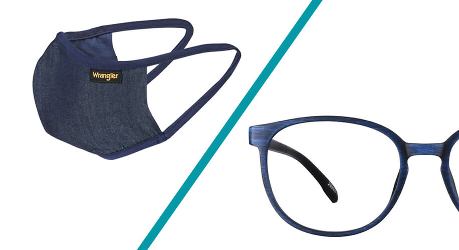 Wrangler denim face mask and blue round eyeglasses.