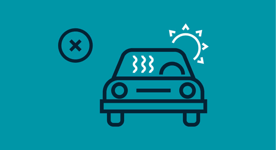 Car icon with sun and heat lines, accompanied by a circle with an X indicating do not leave in a hot car.