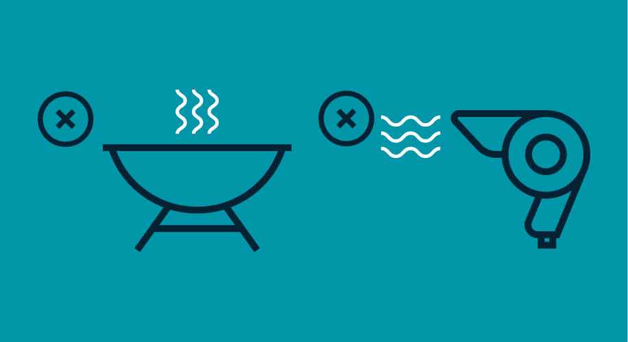 Illustration of a grill warming food and a hair dryer blowing hot air, both marked with a &#039;no&#039; symbol.