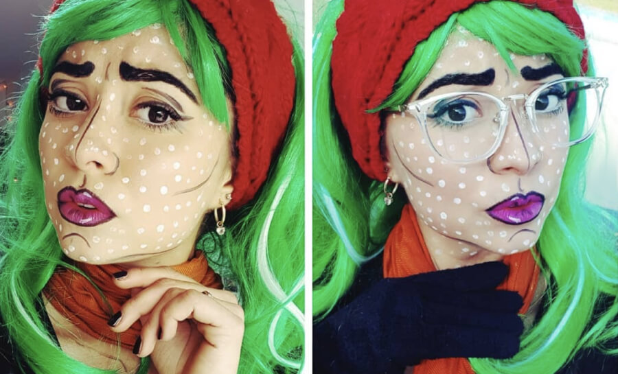 Woman with green hair and pop art makeup. She wears a red beanie and an orange scarf. In one image, she wears glasses.