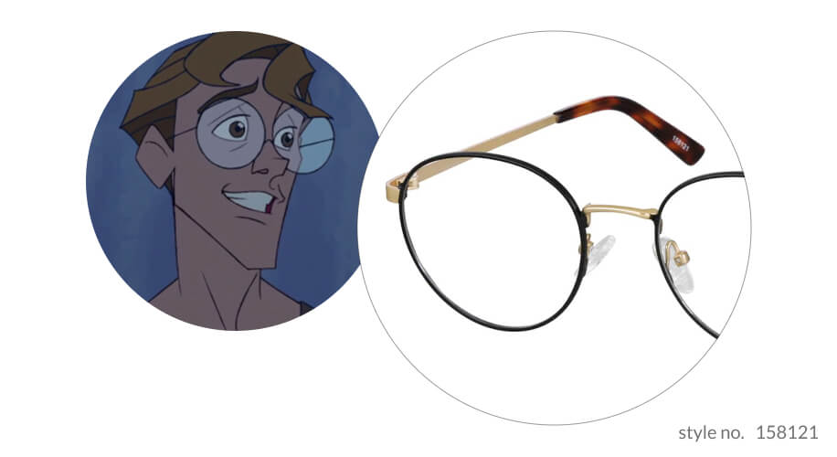 Black and gold eyeglasses with style no. 158121 next to an animated character wearing similar glasses.
