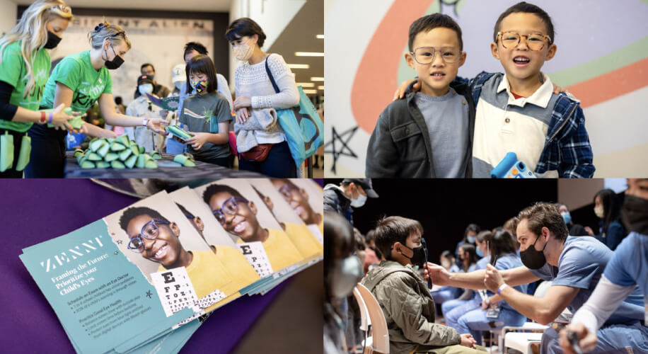Top left: Volunteers handing out glasses. Top right: Two boys wearing glasses, smiling. Bottom left: Brochures reading &quot;Creating the Future by Changing Your Child’s Eyes&quot; and &quot;Zanny&quot;. Bottom right: A man helping a child wear glasses.