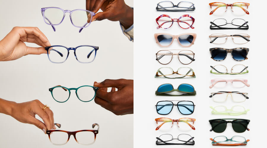 In the left frame of the diptych, wo pairs of hands hold four Zenni eyeglasses in the air. In the right frame, twenty pairs of zenni optical and sun glasses sit on a cream table, showing the variety of styles offered by Zenni. 