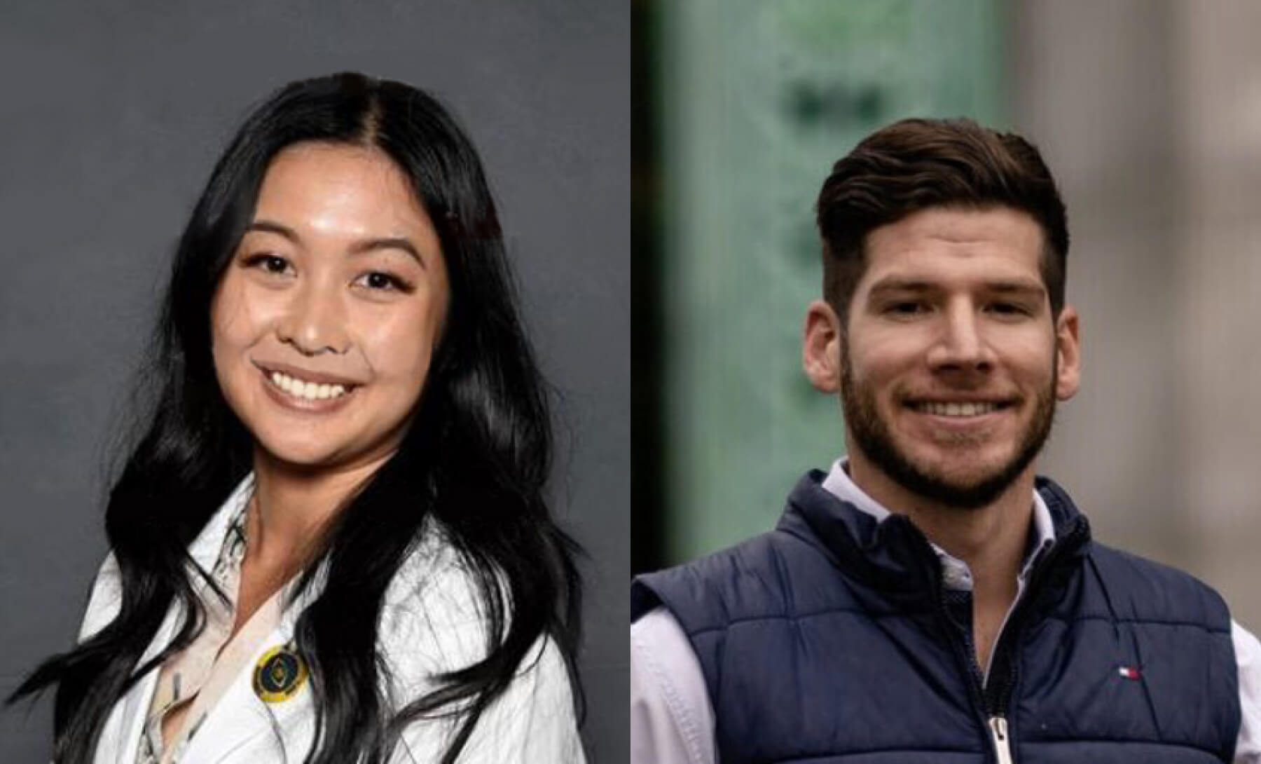 A woman with long black hair smiles, wearing a white coat with a pin. A man with short brown hair smiles, wearing a navy blue vest over a white shirt.