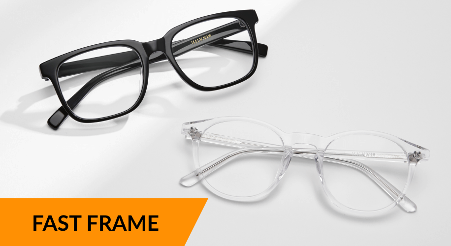Two pairs of eyeglasses, one black frame and one clear frame. Orange banner with text: &quot;FAST FRAME&quot;.