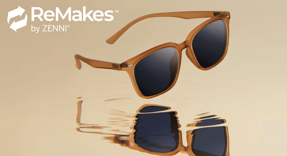 ReMakes by ZENNI brown-framed sunglasses with dark lenses, reflected in water below.
