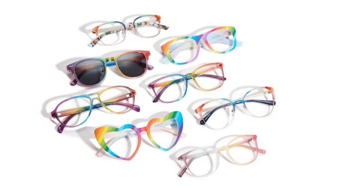 Colorful eyeglasses and sunglasses in various shapes including heart, round, and rectangular.