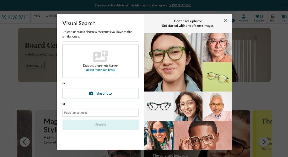 Visual Search: Upload or take a photo with frames you love to find similar ones. Drag and drop photo here or upload from your device, Take photo, or Paste link to image. Search.
