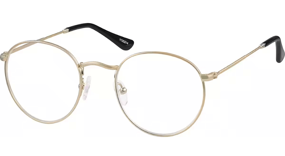 Thin metal round eyeglasses with gold frames and black temple tips, featuring clear nose pads.