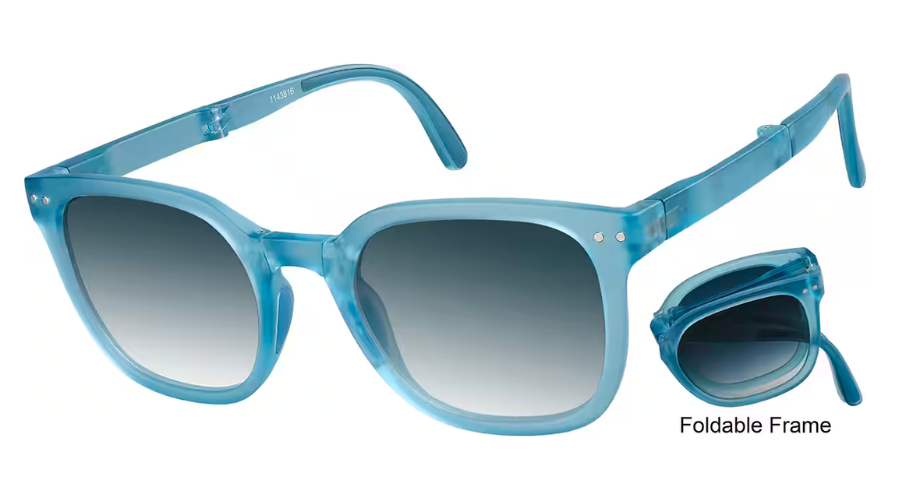 Blue foldable sunglasses with gradient lenses and text &quot;Foldable Frame&quot; on the side.