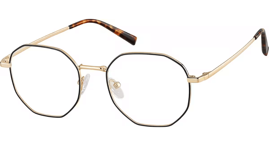 Geometric eyeglasses with thin gold frames and tortoiseshell temple tips.
