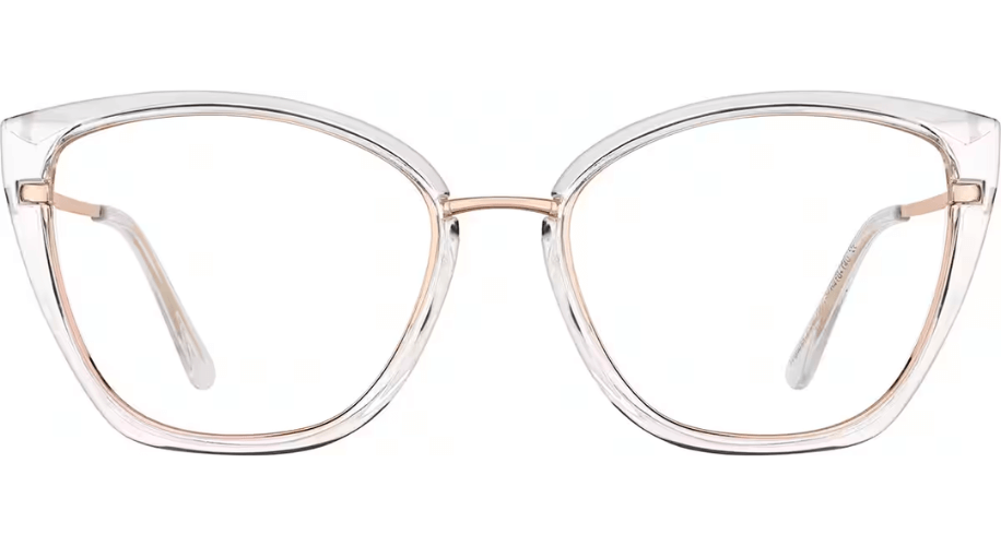 Cat-eye eyeglasses with clear and gold frames.