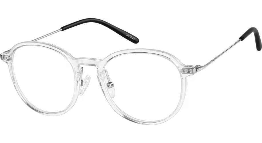 Clear round glasses with black temple tips and model number 7822623 on the inside of the left temple.