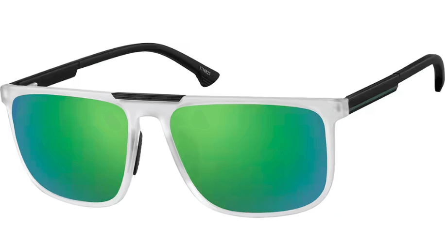 Rectangular silver frame sunglasses with green reflective lenses and black temple tips.