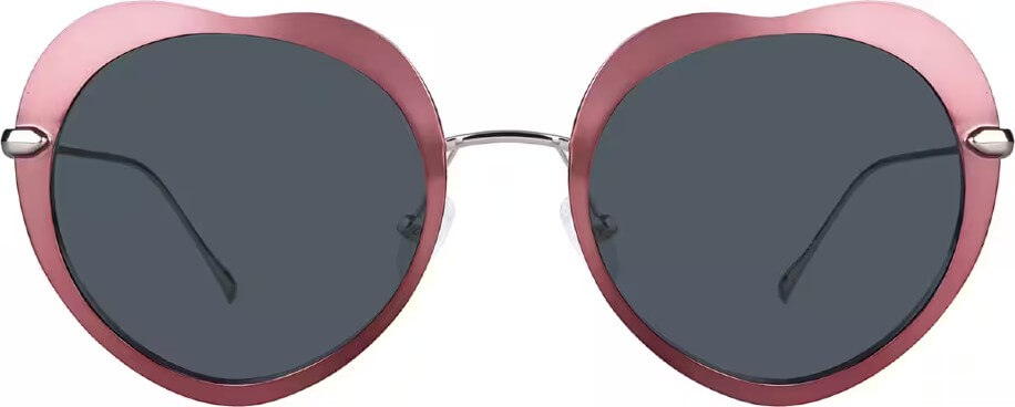 Heart-shaped sunglasses with pink frames and dark lenses.