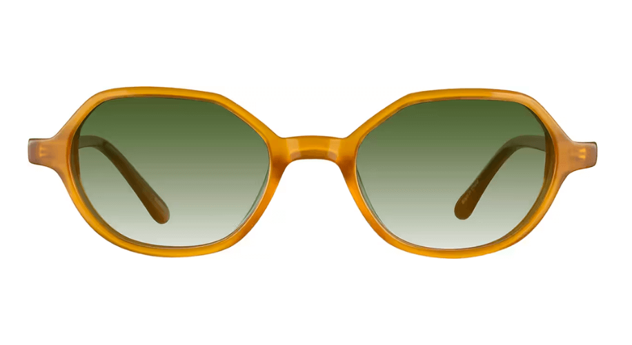 Golden-frame sunglasses with green gradient lenses.