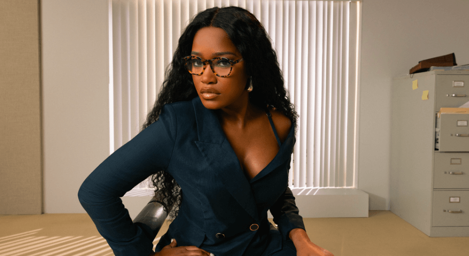 Keke Palmer wearing Zenni Optical glasses as a part of the "Board Certified" campaign.