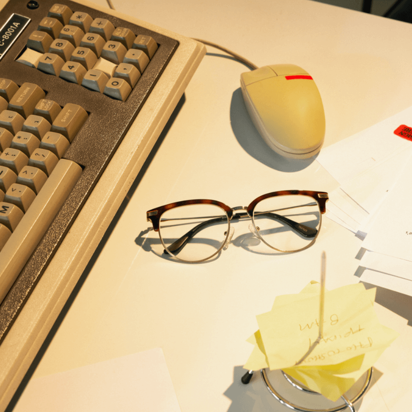 Vintage keyboard, wired beige mouse, and eyeglasses on a desk with stack of sticky notes.