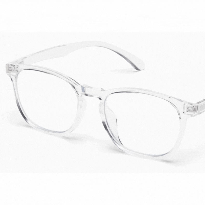Clear rectangular eyeglasses with transparent frames and lenses.