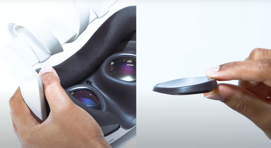 Hands holding a virtual reality headset and a close-up of a hand holding a lens insert for the headset.