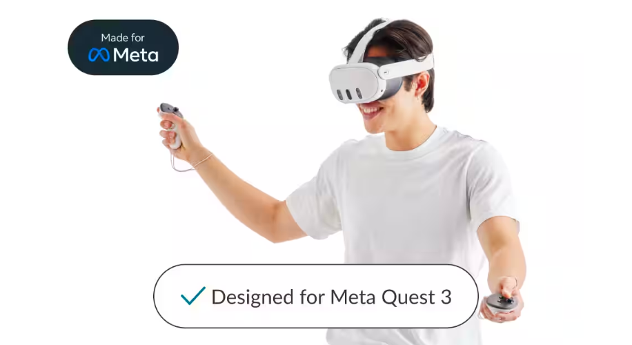 VR headset and controllers. Text: &quot;Made for Meta,&quot; &quot;Designed for Meta Quest 3.&quot;