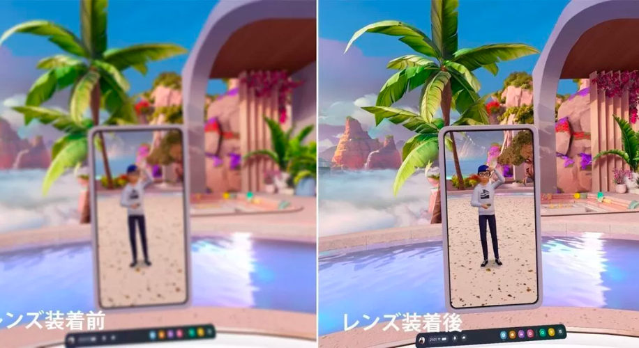 スマートフォンのスクリーンにアバターが映っている。テキスト：「レンズ装着前」「レンズ装着後」