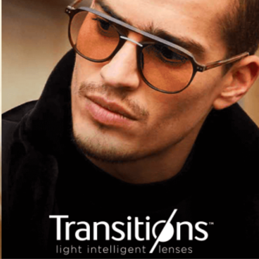 Man wearing sunglasses with orange Transitions lenses. Text: "Transitions light intelligent lenses."